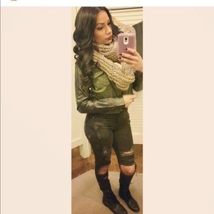 Olive green and black leather crop jacket